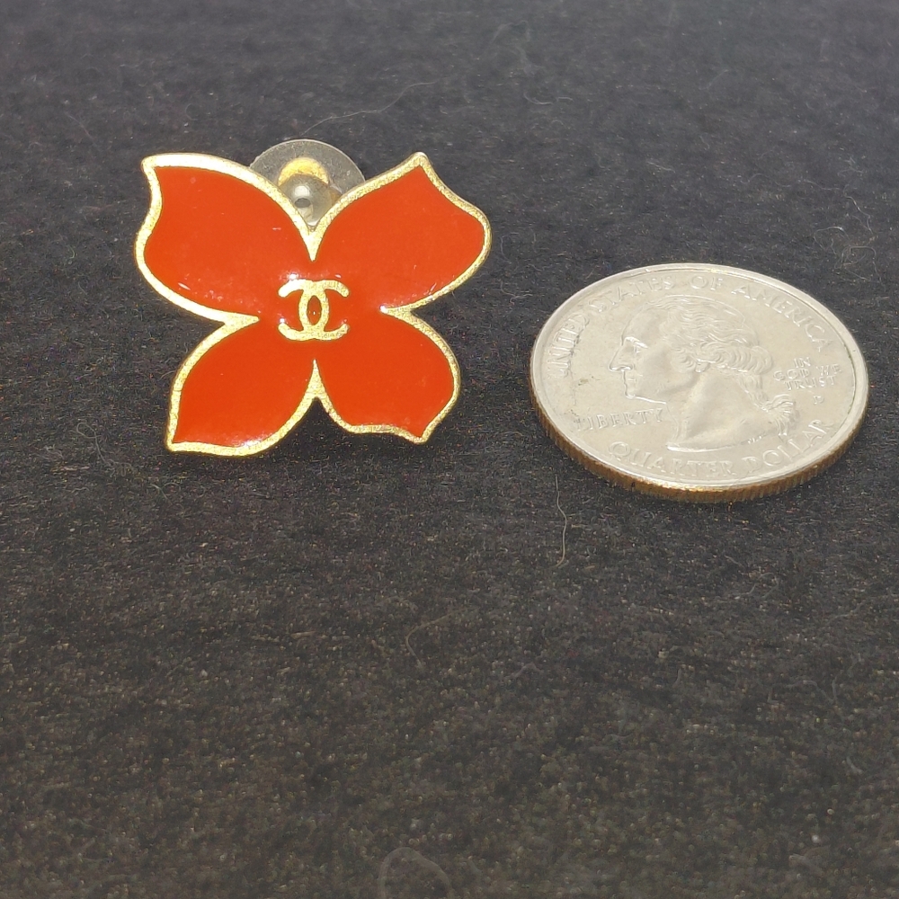 Chanel Camelia Flower Lucky Clover Orange Red Vtg Clip On Earrings COA - Picture 7 of 7